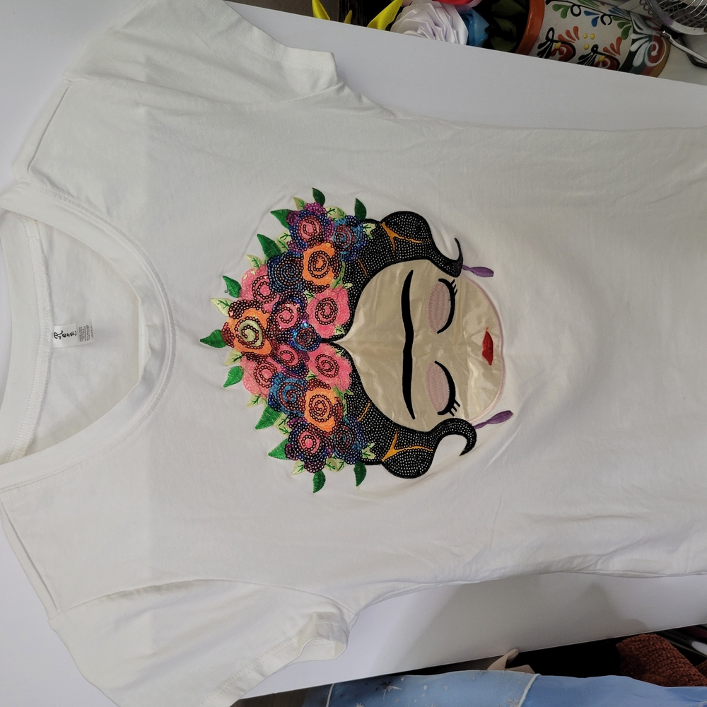 White T-Shirt with Colorful Floral Face Design